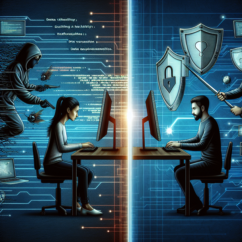 "Graphic illustrating common techniques hackers use to exploit vulnerabilities in data encryption, emphasizing malware, phishing attacks, and man-in-the-middle exploits, alongside preventive measures for cybersecurity."