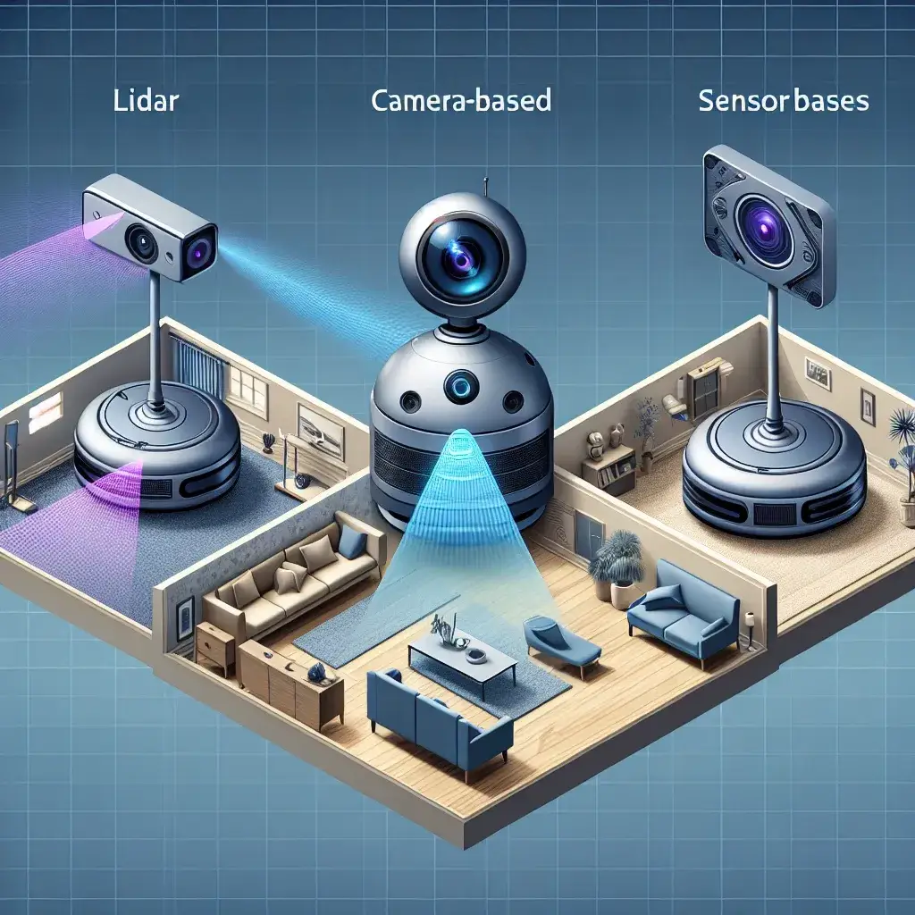 "Comparison of robot vacuum navigation systems highlighting LiDAR, camera, and sensor technologies for optimal floor cleaning efficiency"