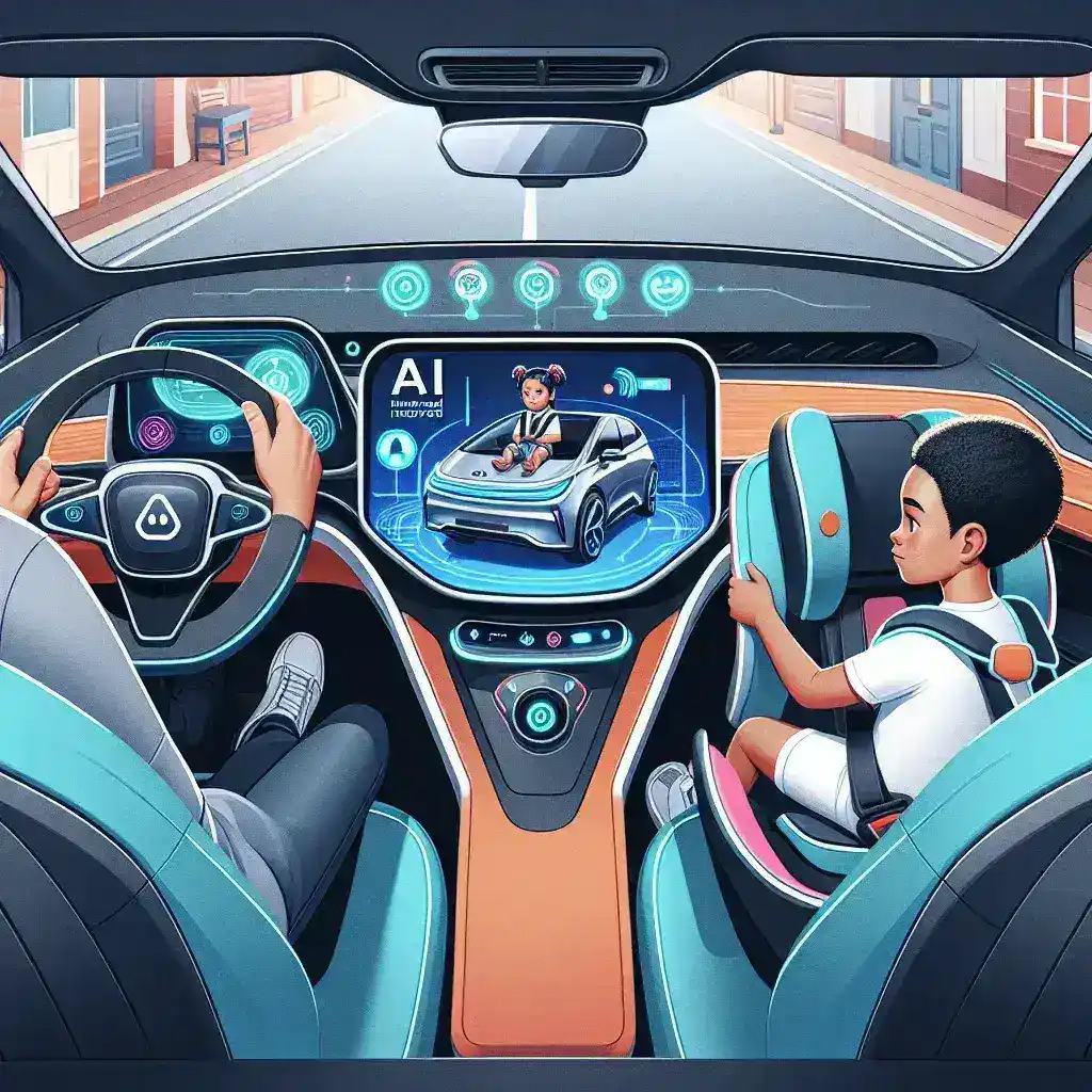"Tesla EV interior showcasing AI-powered child safety monitoring system, highlighting innovative technology for enhanced passenger safety in U.S. electric vehicles."